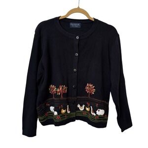 Rainbow Bridge‎ Black Embroidered Farm Scene Cardigan Sheep Duck Chicken Sweater